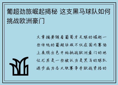 葡超劲旅崛起揭秘 这支黑马球队如何挑战欧洲豪门